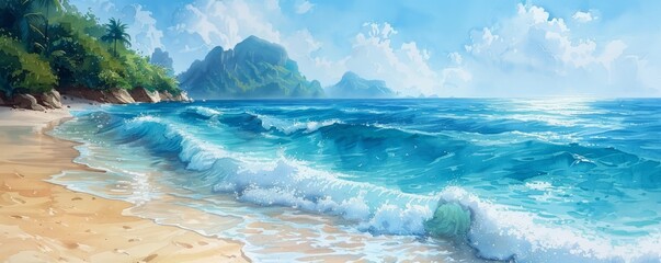 Wall Mural - Abstract tropical beach with clear blue water in watercolor.