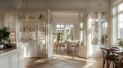 Poster - White, beige. Wooden floors, double doors, grid windows, dining table, open kitchen. Generative AI.