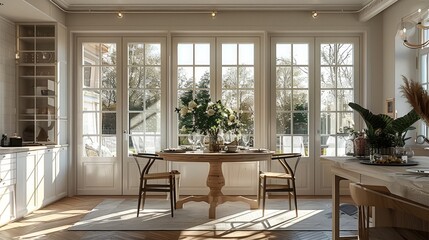 Poster - White, beige. Wooden floors, double doors, grid windows, dining table, open kitchen. Generative AI.