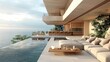 © visoot - A open living room of an ultra-luxury mansion with outdoor sofa seating , coffee cup and candle on the table, beside a interior bar, overlooking an infinity pool and morning ocean. Generative AI.