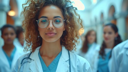 Ultra-clear shot of healthcare workers from various backgrounds, gathered in a hospital setting, displaying their teamwork and shared commitment to providing quality care, with a professional and