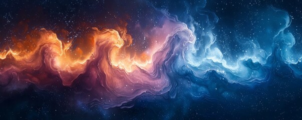 Watercolor abstract cosmic scene with swirling galaxies.