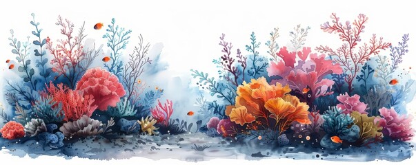 Sticker - Abstract coral reef with marine life and corals in watercolor on white.