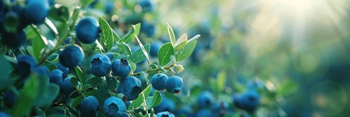 Wall Mural - Blueberry Orchard. High bush of Blueberries with Abundance of Fresh Blue Ripe Berries in Summer