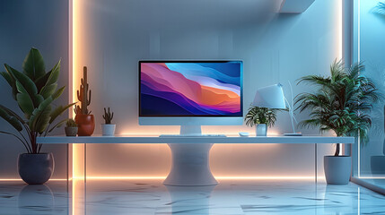 Poster - A home space, minimalist, pure white background, night, foreground computer desk, empty background, futuristic feeling. Generative AI.