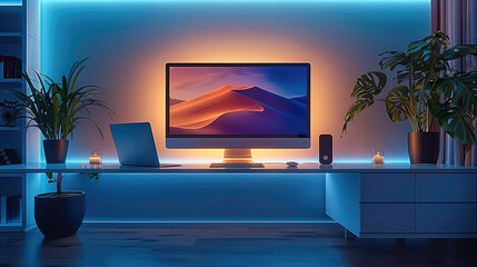 Poster - A home space, minimalist, pure white background, night, foreground computer desk, empty background, futuristic feeling. Generative AI.