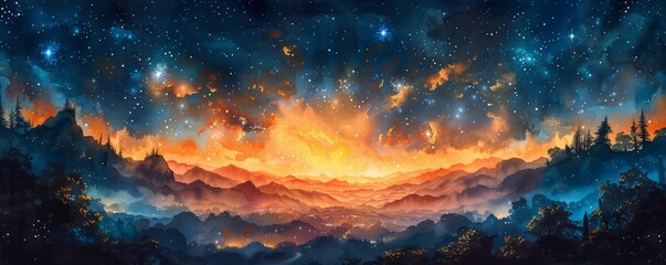 Abstract night sky with bright stars in watercolor.