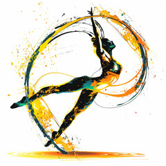 Wall Mural - Abstract silhouette of a gymnast performing a cartwheel, vector illustration with colorful brush strokes on a white background