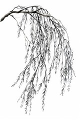 Weeping Willow Branch. Hand Drawn Illustration of Willow Botanical Drawing