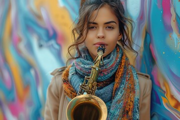 Close-up of a woman playing saxophone against a colorful background.