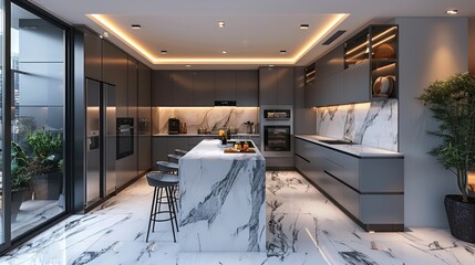 Poster - Modern kitchen with white marble and black color, gray cabinets, glass door refrigerator, modern style with light background. Generative AI.