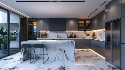 Poster - Modern kitchen with white marble and black color, gray cabinets, glass door refrigerator, modern style with light background. Generative AI.
