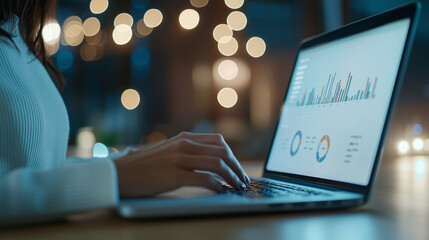 Wall Mural - businesswoman typing on laptop at office desk - looking at digital display screen with analytics and