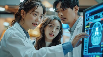 Aufkleber - A Korean male doctor is looking at the monitor screen with a client woman. Generative AI.
