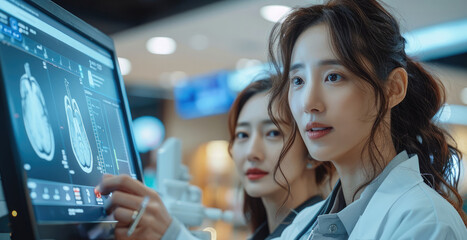 Poster - A Korean male doctor is looking at the monitor screen with a client woman. Generative AI.