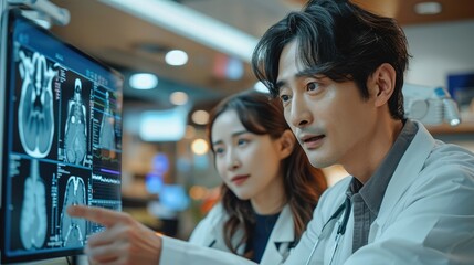 Aufkleber - A Korean male doctor is looking at the monitor screen with a client woman. Generative AI.