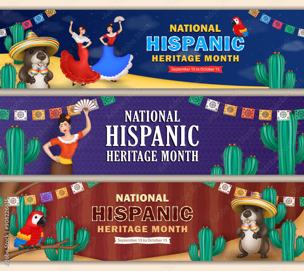 Set of cartoon Hispanic Heritage month panoramic banners with women ...