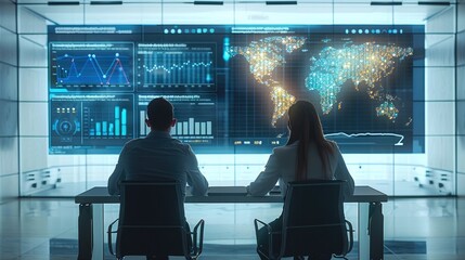 Aufkleber - Two business Users sitting with backs to viewer and watching at predictive analytics dashboards ahead of them on the wall. The wall contains huge dashboards that have different stats. Generative AI.