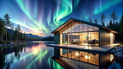 Wall Mural - Crystal Lake Lodge: A Contemporary Cabin with Smart Home Features and a Digital Aurora Borealis  Generative AI