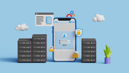 Wall Mural - cloud computing or cloud storage technology. online database storage concept. download and upload da