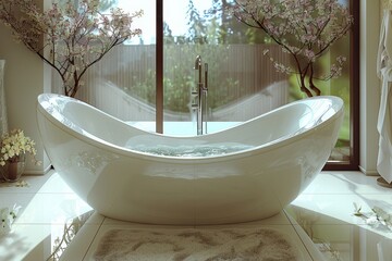 A modern bathroom with a white ceramic freestanding bathtub. The room has a large window, white marble floor tiles, and a small rug in front of the tub. Two trees are visible outside