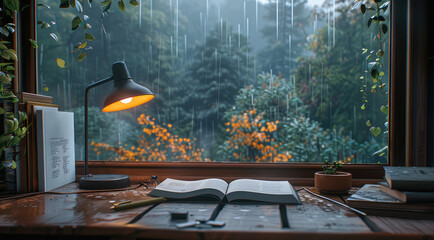 Wall Mural - A cozy study with a wooden desk, lamp, and an open book, overlooking a stormy, rainy landscape through a large window. Generative AI.