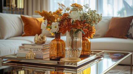 Elegant fall decor with floral centerpiece and warm accents