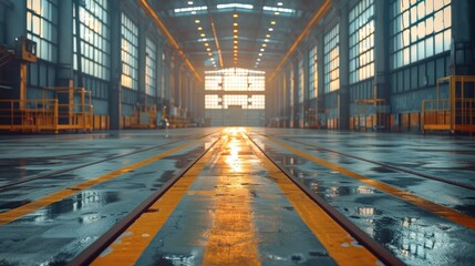 Poster - Industrial style factory indoor background, gray tones, distant view. Generative AI.