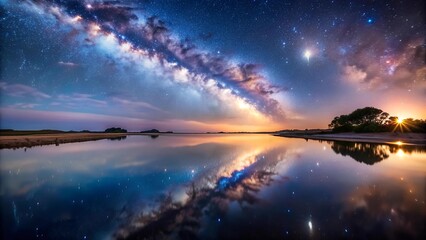Wall Mural - Starry Night Embrace: The Milky Way's Gentle Touch on a Coastal Lagoon  AI Generated