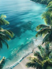 Canvas Print - Blue ocean with tropical coconut trees projection, simple, high definition, top view. Generative AI.