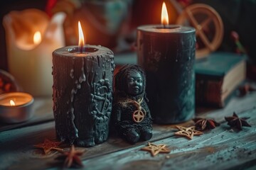 Voodoo Candle. Occult Symbol and Magic Spell Ritual with Voodoo Doll on Witch Table