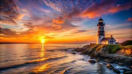 Wall Mural - A Coastal Sunset with a Distant Lighthouse  Generative AI