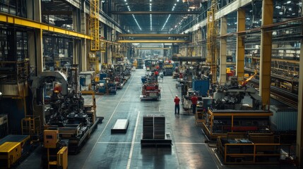 Wall Mural - A busy factory floor with engineers and workers operating heavy machinery, bathed in natural light, medium shot