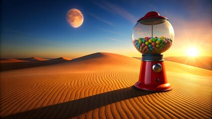 Wall Mural - gumball lunar landscape: a gumball machine standing on a moonlit, orange desert generative ai