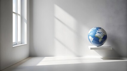 Wall Mural - minimalist white wall with a subtle shadow of a window and a single globe generative ai
