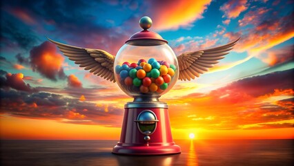 Wall Mural - gumball escape: a gumball machine soaring through the orange sunset ai generated