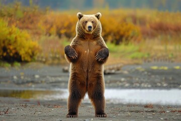 Bear On Hind Legs. Majestic Male Brown Bear Portrait Standing Alert