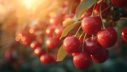 Wall Mural - A close up of red cherries hanging from the branches in an orchard.