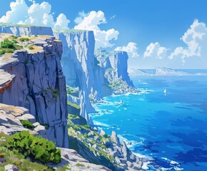 Canvas Print - Cliffs Overlooking Turquoise Sea Under Bright Summer Sky