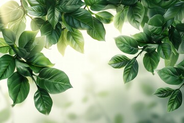 Poster - Green leaves with a white background, tree branches, sunlight and shadows.