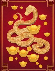 Snake Chinese Zodiac Sign, Symbol of Chinese new year 2025 with golden ingots, and coins