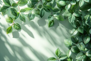 Poster - Green leaves with a white background, tree branches, sunlight and shadows.