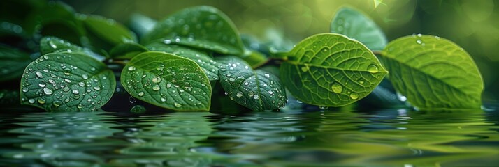 Wall Mural - Green leaves with water droplets on them, surrounded by ripples in the background.