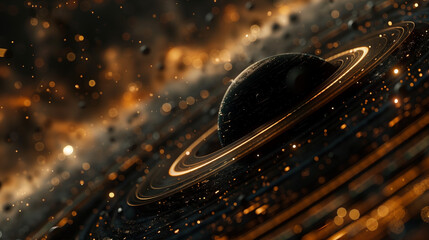 Wall Mural - Stylish planet in outer space. Dark planet with golden rings. Fantastic illustration.