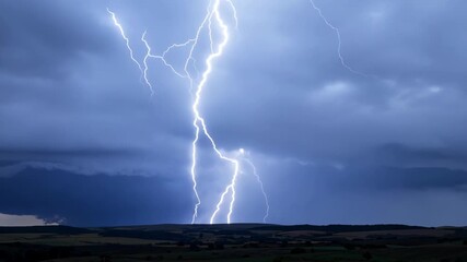 Canvas Print - Jagged streaks of lightning punctuate the rolling storm clouds casting an ominous glow over the landscape.