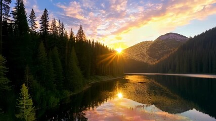 Canvas Print - The vibrant colors of the sunrise reflect off the tranquil lake nestled within the forest creating a picturesque and serene scene.