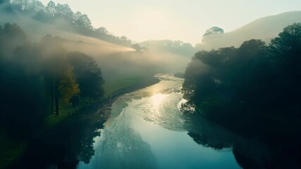 Sticker - A tranquil scene of a peaceful river with a soft mist creating an otherworldly ambiance.