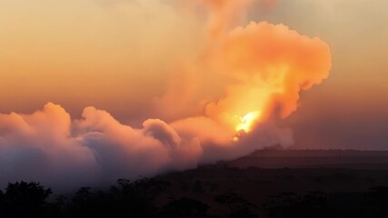 Wall Mural - as the sun sets on the horizon the smoke from a distant fire blends seamlessly with the orange and p