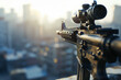© Denis - Assassin holding assault rifle looking at city view on roof building, blurry bokeh sunshine background.