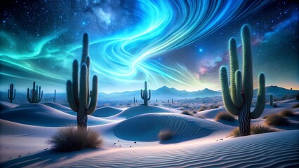 Wall Mural - Celestial Dance: Glowing Cacti and Spiraling Digital Dunes  Generative AI
